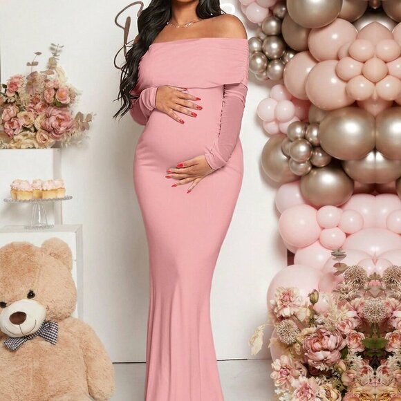 Pink Elegant Women's Maternity Off Shoulder Foldover Dress - Picture 1 of 7